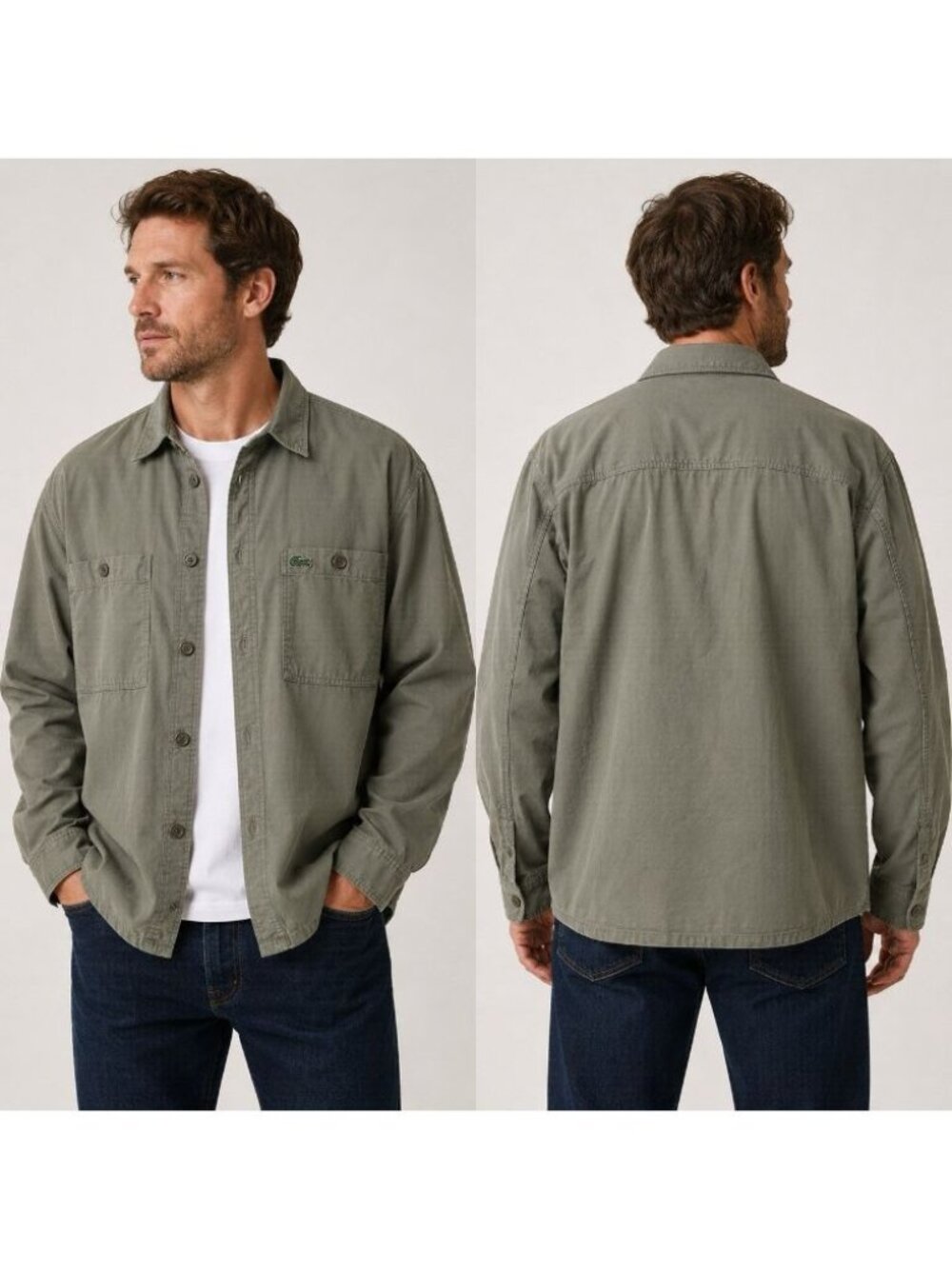 Lacoste Men’s Overshirt Shirt Jacket XL/2XL Dull Olive Green Cotton Button Front